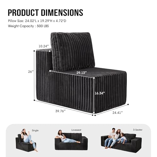 Hobestluk 1 Seat Large Sofa with L Shape Memory Foam Cloud Couch Sofa | STRIP GREY,Single,Cozy Fabric,No Assembly,Cloud Chair,With Pillows,For Livingroom Bedroom,Free Combination - color: Grey, size: Single