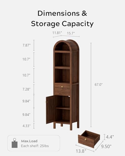 67" Tall Arched Bathroom Narrow Cabinet with Adjustable Shelf, Freestanding Tower Storage Cabinet with Door and Drawer, Farmhouse Space Saving Organizer for Kitchen, Living Room, Brown - color: Brown, size: 1 PC