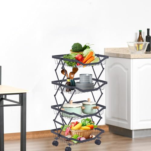 4 Tier Fruit Basket for Kitchen Stackable Metal Wire Fruit Vegetable Basket with Wheels Narrow Corner Rolling Utility Cart for Kitchen, Pantry, Bathrooms, Garage