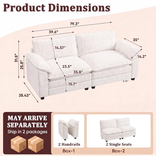 JUMMICO 79" Loveseat Sofa, Cloud Couch, Deep Seat, White | Comfy Chenille, Double Layer Cushion, Wide Armrest, High-Density Foam, 2 Seat Couch for Living Room Apartment, Small Spaces - color: White, size: Loveseat Sofa