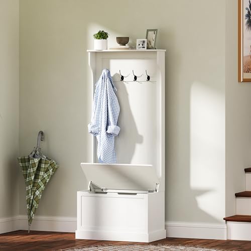 HOMCOM Hall Tree with Bench and Shoe Storage 3-in-1 Coat Rack Cream White | Slim Bench with Coat Rack, 4 Hooks, Flip Top Storage Compartment - color: Cream White, size: 28"