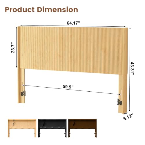 Queen Size Headboard with LED Lights&Charging Station, 64.17" W Fluted Boho Head Board Only, Modern Queen Headboard with Storage, Natural - color: Natural, size: Queen