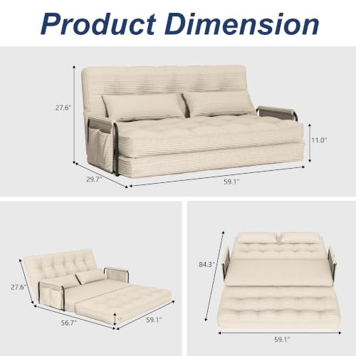 Futon Sofa Bed,Convertible Sofa Bed,Folding Boneless Couches | 3-in-1 Folding Sofa Bed,Boneless Couches for Living Room with Pillow & Side Pocket,High-density Foam,Double Sleeper,Beige - color: Beige, size: Full
