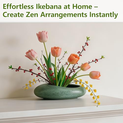 Ikebana Flower Frog Vase Set, 1.57in Stainless Steel Florist Frog for Arrangements and Ceramic Water Drop Pot, Elegant Ikebana Flower Holder for Cut Flowers, Floral Decor Kit(Green Small Size) - color: Green, size: Small Size