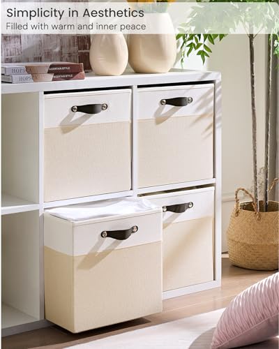 Cube Storage Bins | 13"x13"x13", Beige & White, 6 Pack | Multi-Size | 2X Thick Support Board | Vegan Leather Handles | 7.7 oz/yd² Fabric | 13"x13" Drawer Insert Basket - color: Candlelit Beige & White, size: 13"x13"x13"