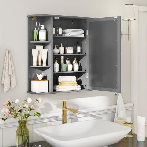 COSTWAY Medicine Cabinet with Mirror, Wall Mounted Bathroom Storage Cabinet | with Mirror Door and Adjustable Shelves, Space-Saving Storage Organizer for Living Room Kitchen Entryway (Gray) - color: Grey