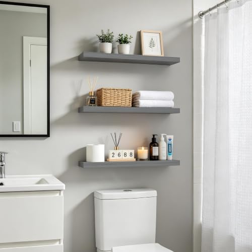 BAYKA Grey Floating Shelves 22.5in, Set of 3, Wall Mount Rustic Wood Shelf | Easy Install, 22lbs Max Load, Hidden Bracket, for Bathroom Bedroom Kitchen Display Storage Decor, Multi-Wall Compatible - color: F. Grey - Industrial Edge Style, size: 22.5inches