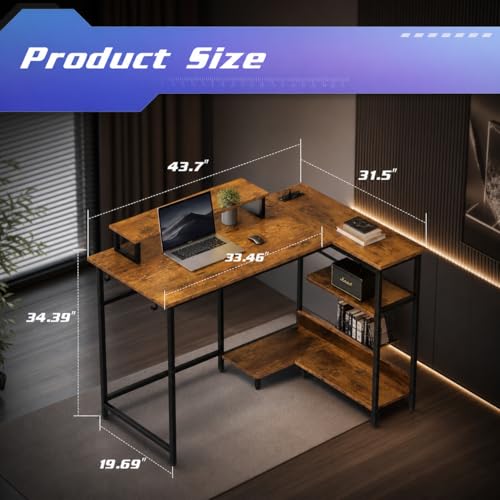 DEVAISE Compact 43 Inch L Shaped Gaming Desk with LED Lights, Rustic Brown | Steel frame and engineered wood desktop with 2 AC outlets, 2 USB ports, and monitor stand for compact gaming setups - size: 43 Inch