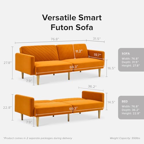 mopio 76.4" Futon Sofa Bed Chevron Styled, Sleeper Couch (Apricot Velvet) | Reclines flat in one motion for overnight visitors; retro tapered legs and a slim build save space. - color: Apricot Velvet