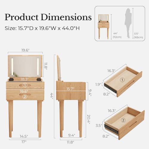 Solid Wood Small Vanity Desk with Mirror and Lights, Narrow Makeup Vanity for Small Space, Flip Top Vanity Side Table, 3 Color Modes & Adjustable Brightness, 19.6" Slim Dressing Table, Natural - color: Natural, size: 19.6" Wide