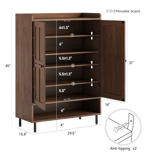 Shoe Cabinet with Cross Molding Doors, 6-Tier Storage, Walnut | 45'' Tall Shoe Storage Organizer with 3 Adjustable Shelves & Metal Legs, Freestanding Wood Shoe Rack for Entryway, Front Door - color: Walnut