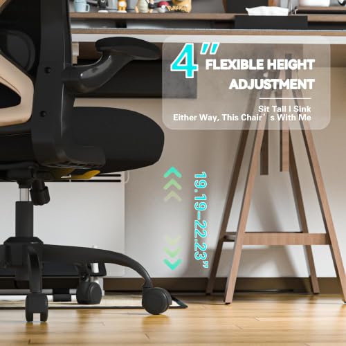 Ergonomic Home Office Chair, 4-Way Lumbar, Thick Cushion, 330LBS | Adjustable Lumbar (up/down/in/out), Rocking Mesh Back, Flip-up Arms, Easy Assembly, Ideal for home offices & small workspaces - color: Black&gold