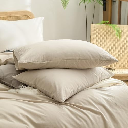 BESTOUCH Cotton Solid Duvet Cover Set Almond Milk Grey Oversized Full | 100% Washed Cotton, Soft Wrinkle Texture, Hidden Zipper, 8 Ties, Breathable Lightweight Durable Comfy, 3 Pcs No Insert - color: Almond Milk Grey (No Comforter), size: Oversized Full (