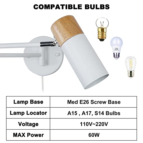 COSYLUX Modern Industrial Swing Arm Wall Lamp with Plug in Cord for Bedroom, Living Room, Office, Rotatable Lampshade Plug in Wall Sconces Light Fixture for Reading and Working, White (NO Bulb)