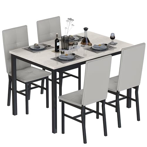 Hooseng Dining Table Set for 4, Faux Marble Small Kitchen Table with 4 PU Leather Chairs, Modern 5 Piece Dinner Table Set for Dining Room, Breakfast Nook, Samll Space, Grey - color: Grey