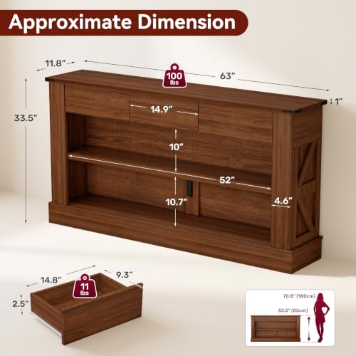 Miereirl 63" Console Table with Drawers & LED Light, Farmhouse, Walnut | Narrow Entryway Sofa Table, 3 Storage Drawers & Open Shelves, Behind Couch, Living Room Hallway Foyer - color: Walnut