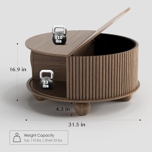 SULIVES Round Coffee Table with Storage, Unique Circle Drum Table with Sliding Door,Fluted Accent Center Table with Bun Feet for Living Room, Walnut - color: Walnut_round-bun Feet
