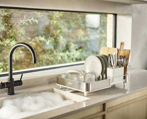 Joseph Joseph Extend Steel Expandable Dish Drying Rack with Removable Cutlery Holder Swivel Draining Spout, Stainless Steel - color: Light Stone, style: 1-tier