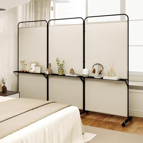 GOFLAME 3 Panel Room Divider with Storage Shelves, 6FT Folding Privacy Screen with Lockable Wheels, Portable Rolling Wall Divider, Freestanding Partition Screen for Room Separation, Beige - color: Beige