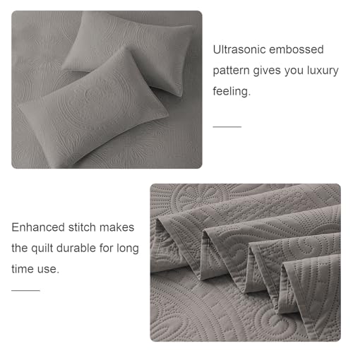WURUIBO Full/Queen Quilt Set Grey,Ultrasonic Embossed Bedspread, Lightweight Microfiber Coverlet, Modern Thin Bedding Set for All Season, 3 Piece(1 Quilt,2 Pillow Shams) - color: Grey, size: Full/Queen(90"x96")