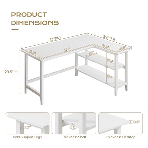 IOTXY 53" Reversible L-Shaped Office Desk with Storage Shelves, White | Solid Rubberwood Legs, 0.6" MDF Desktop, Reversible 2-tier Shelves, Spacious Corner Computer Table for Dual Monitors - color: White, size: 53-inch
