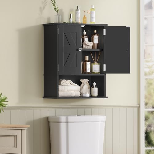 Bathroom Wall Cabinet, Over The Toilet Space Saver Storage Cabinet with Barn Doors & Adjustable Shelf, Hanging Medicine Cabinet, Black UNGGX003HV1 - color: Black, size: 7.1"D x 15.4"W x 19.3"H