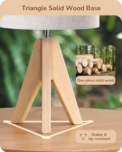 EDISHINE Small Table Lamp, Boho Bedside Lamp, Linen Fabric Shade, 14.2 Inch | ON/Off Switch, Wood Tripod Base, E26 Socket, Boho Nightstand Lamp for Living Room, End Table, Office - color: Natural Wood&Beige Shade