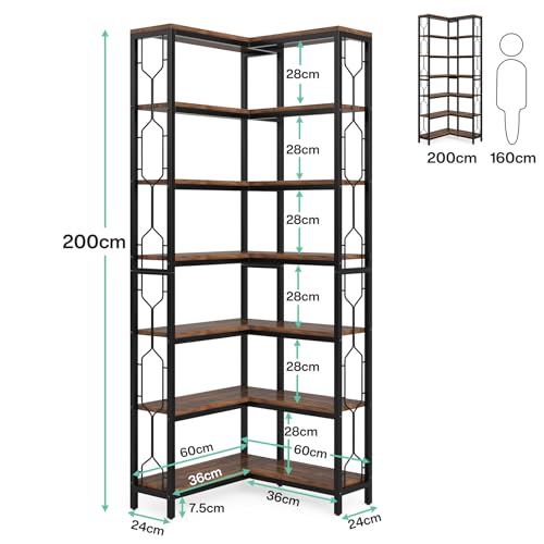 Tribesigns Corner Shelf, 7-Tier Industrial Corner Bookshelf and Bookcase | Freestanding Display Shelf for Living Room, Wood and Metal Corner Book Shelves, Corner Bookcase for Home Office, Rustic Brown - color: Rustic Brown