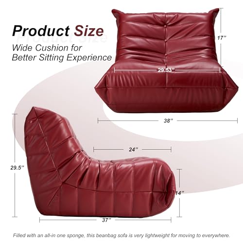 Hobestluk Bean Bag Chair Leather Togo Chair Memory Foam Living Room Adult | Ergonomic Design,Floor Chair,Waterproof Sofa,Easy Clean,Anti-slip ,No Assembly Required,Bedroom Dorm Office Reading Winered - color: Winered, size: Large