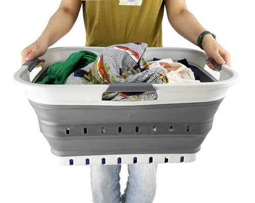 SAMMART 42L (11 gallon) Collapsible Plastic Laundry Basket - Foldable Pop Up Storage Container/Organizer - Space Saving Hamper/Basket (1, Grey/Steel Grey) - color: Grey/Steel Grey