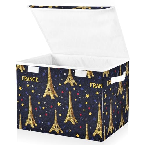 France Eiffel Tower Stars Collapsible Storage Bins with Lids Decorative Fabric Cubes Closet Organizer Basket Boxes Containers for Clothes Box Chest Folding Rectangle - color: France Eiffel Tower Stars