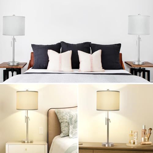 Qingmiao Table Lamps for Bedrooms Set of 2, 22" to 30" Height Adjustable Nightstand Lamps with Linen Shade, Pull Chain Switch Lamps for Living Room, 3 Way Dimmable Bedside Lamp - color: Brushed Nickel,Grey Shade