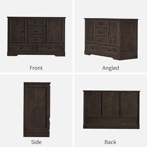 GarveeHome 47" Farmhouse Sideboard Buffet Cabinet, Sideboard Storage credenza with 5 Drawers and 2 Doors, Wood Coffee Bar Cabinet, Buffet Table for Dining Room Living Room, Brown - color: Brown