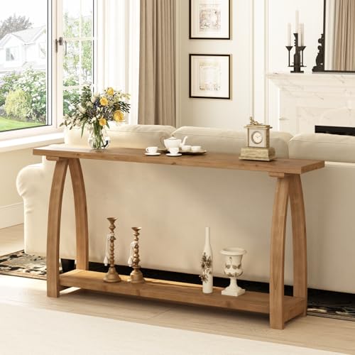 63" Long Solid Wood Console Table, Narrow Behind Couch Sofa Table | with A-Shaped Curved Legs, with Storage Shelf, Farmhouse Entryway Table, Rustic Skinny, for Living Room, Hallway or Foyer