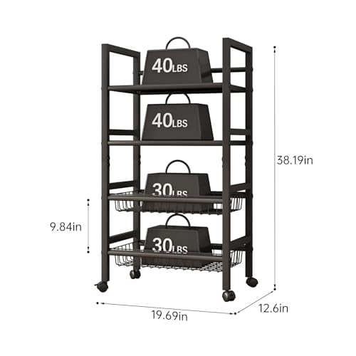 4-Tier Metal Rolling Cart with Removable Grid Shelves, Lockable Wheels & Handle for Kitchen, Bathroom, Office Storage, Black (Medium) - size: 19.7 in