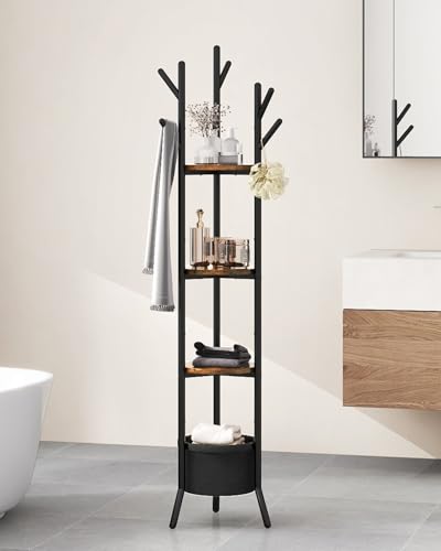 YMYNY Coat Rack, Freestanding Coat Stand with Storage Shelves, Hall Trees with 3 Wooden Shelves and 1 Fabric Basket, Metal Clothes Stand for Hats Bags Hallway Bedroom Rustic Brown UHGR005H - color: Rustic Brown