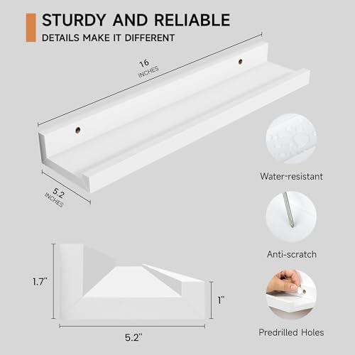 Floating Picture Ledge Shelves Set of 2, 16 Inch Solid Wood Wall Shelves with Lip, Large Nursery Book Shelf for Toys Storage, Kids Bookshelf, Living Room, Bedroom Decor Frames, White Color - color: White, size: 16in