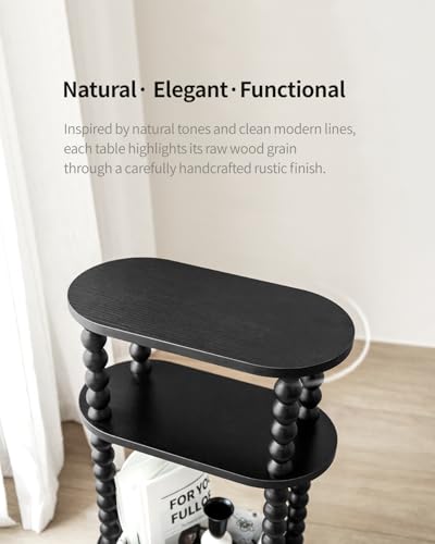 3-Tier Narrow Side Table, Slim End Table for Small Spaces | Skinny wooden side table with shelf storage. Ideal as living room accent or bedroom nightstand.Easy assembly, space-saving - color: Black
