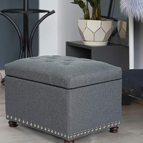 Adeco Classy Linen Blend Fabric Accents Rectangular Storage Bench Ottoman Footstool, Footrest Side Table for Living Room Bedroom, Gray - color: Grey