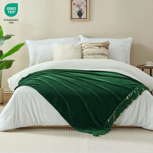 Chenille Throw Blanket for Couch - Soft Knit Blankets 60"X80" | Cozy Warm Lightweight Boho Decorative Knitted Blankets with Tassels for Bed and Sofa,Dark Green - color: Dark Green, size: 60"x80"