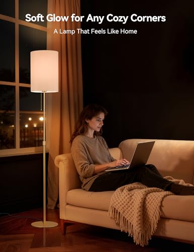 Tubicen Gold Floor Lamp with Pull Chain Fabric Dimmable Corner Tall Lamp | Modern Slim Narrow Standing Lamp 61"H Tall Adjustable Floor Lamp for Living Room Bedroom Office Dining Room, Space-Saving
