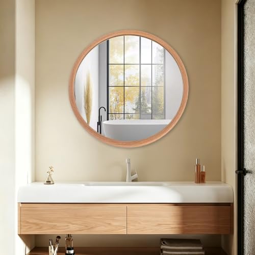 LVMU Round Oak Woodgrain Frame Wall Mirror 20 Inch Rustic Farmhouse | Decorative Brown Circle Mirrors for Bathroom Hanging Vanity Mirror Hallway Entryway Bedroom (Oak, 20"L x 20"W) - color: Oak
