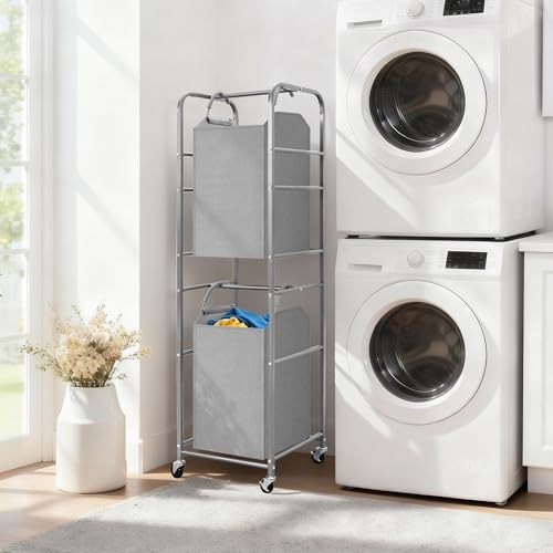 STORAGE MANIAC 2 Tier Vertical Laundry Hamper, 2 Section Laundry Sorter with 2 Removable Tote Bags, Rolling Clothes Basket for Towels, Blankets, Tall Dirty Clothes Hamper for Closet, 2 Bags Gray - size: 2 Section