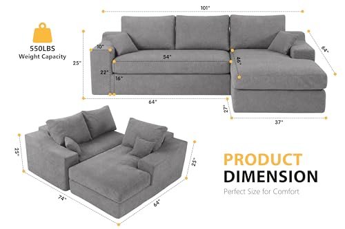 101'' Modular Sectional Sofa, Cloud Sectional Couches for Living Room, Comfy Boneless Couch with Deep Seat, Modern L-Shape Sofa with Chaise, No Assembly Required (Grey, Right Facing Chaise) - color: Velvet Grey, size: 101''Right Facing