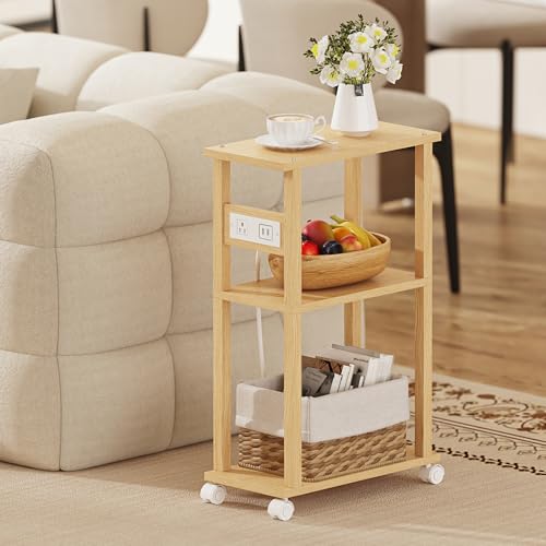 TUTOTAK Small Narrow Side Table, Set of 2 Skinny End Table | for Small Spaces, Slim Nightstand with USB Ports and Outlet,Sofa Beside Table with Wheels, Natural TB01BN047 - color: Natural, size: 2 PC, style: With Plug