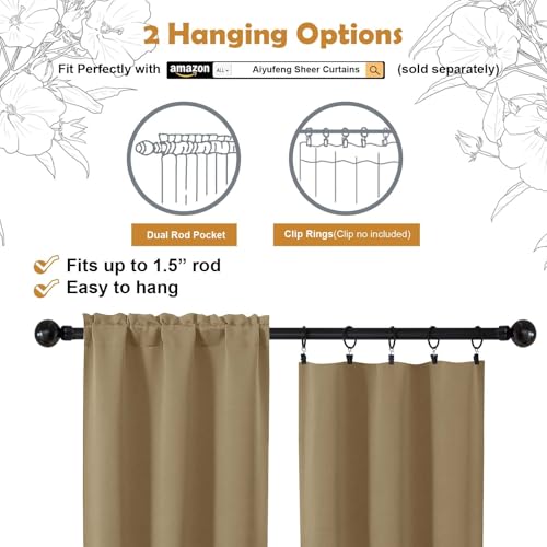 Aiyufeng Taupe Short 36 Inches Blackout Curtain 2 Panels Set, Half Window Rod Pocket Privacy Curtain Tiers for Kitchen, Curtains Blackout for Bathroom Shades, W40 x L36 Inch, Taupe - color: Taupe, size: 40"W x 36"L (Pack of 2)