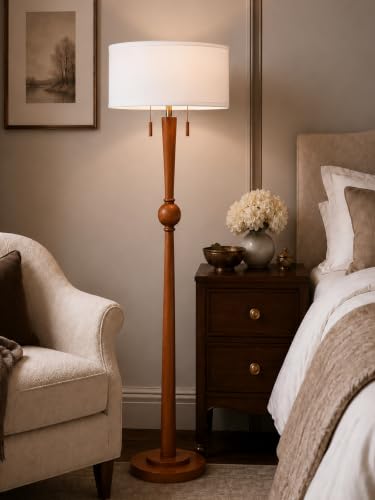 MOFFE Solid Wood Floor Lamp for Living Room,Pull Chains Standing Lamp | 62.8" Tall,17" White Drum Shade,Sculptural Wood Base & Stem,2-Light Design,Standing Lamp for Bedroom,2 Bulbs Included - color: Amber Walnut
