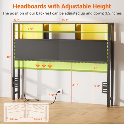 Aheaplus Headboard for Full Size Bed with Storage, Headboards with Outlets | Full Size Head Board Only, with USB Ports and LED Light, Height Adjustable, Reversible, Sturdy & Stable Headboard, Black - color: Black, size: Full, style: Wood