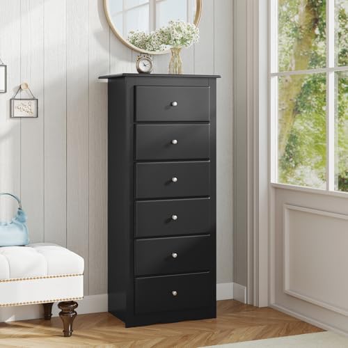 GIANTEX 6-Drawer Dresser for Bedroom, Wooden Chest of Drawers w/Metal Handles & Large Capacity, 16" D x 23.5" W x 53.5" H Clothes Organizer, Modern Tall Dresser for Bedroom, Entryway, Living Room - color: Black