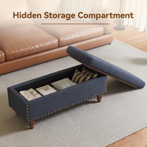 42'' End of Bed Storage Bench with Dual-Surface Lid, Upholstered Ottoman with Hidden Storage, Chenille Bench Seating with Wood Panel Seat for Entryway,Living Room,Bedroom-Blue - color: 4-blue
